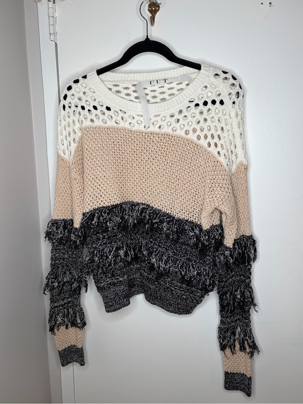 Colorblock Fringe Open-Knit Crewneck Sweater — Ivory, Beige & Charcoal